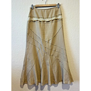 VTG Winona Linen Midi Skirt‎ Sz 40 (M) 29" Waist Beige Western Beads Lace French